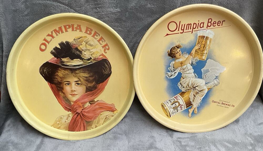 Vintage Olympic Beer Tray Lot Of 2 Pin Up Girl Capitol Brewing WA 13”